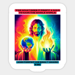 "For what does it profit a man to gain the whole world, and forfeit his soul?" (Mark 8:36) Sticker